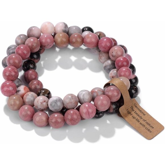 3 PCS Pink Zebra Jasper Healing Natural Stone Beaded Stretch Bracelet for Women - Picture 1 of 6